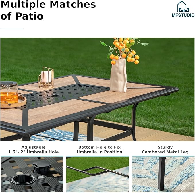MFSTUDIO Outdoor Patio Dining Set for 6, Patio Table and Chairs Set for Deck/Backyard/Poolside/Garden, 7 Piece Outdoor Patio Furniture Set with Umbrella