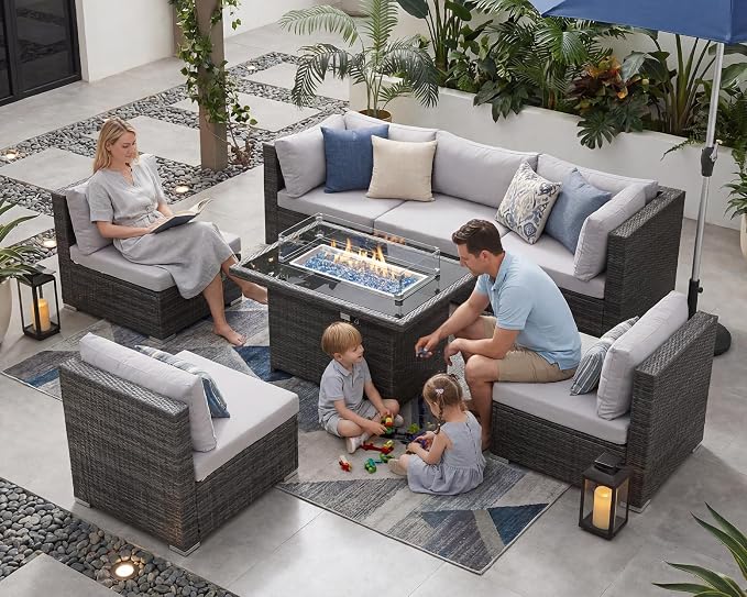 BULEXYARD 7 Piece High Back Outdoor Furniture Set with Fire Pit, Durable All Weather Wicker Patio Couch Sofa Set, Large Size Modular 6-Seater Sectional Backyard Seating Wide Deep for Lawn, Light Grey