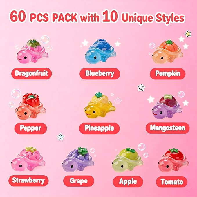 60Pcs Mini Resin Turtles, Tiny Sea Animals Figures, Small Luminous Bulk Glow in the Dark, Stylized Turtles Fruits & Veggies on the Back for Crafts Micro Landscaping Tank Fairy Garden Decor