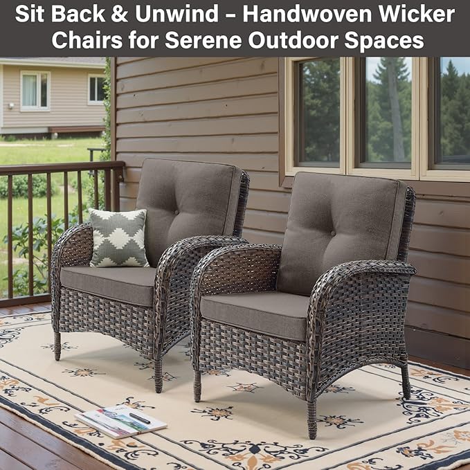 Belord Patio Club Chair Wicker Chairs - Outdoor High Back Chair Set of 2 Patio Furniture Set Rattan Seating with Removable Cushions for Porch Balcony Deck Pool Brown/Gray