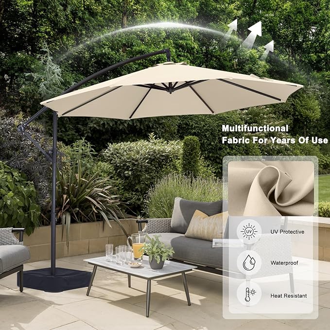 ABCCANOPY 10FT Cantilever Patio Umbrella with base included, 360° Rotation Outdoor Offset Umbrella Bonus Fix Frame & Weights Bag for Backyard, Deck, Poolside (Light Beige)