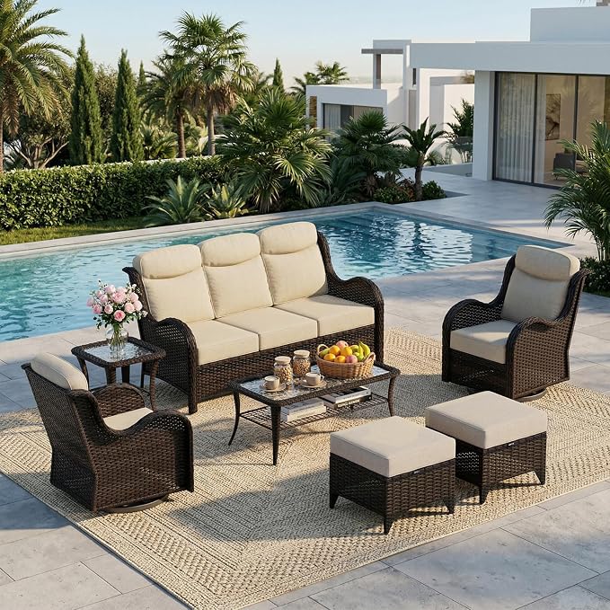 7 Pieces Outdoor Patio Furniture Set with 5" Thick Cushions, Weather-Resistant Wicker High Back Swivel Rocker Chairs, Patio Conversation Set for Outside Porch Deck Garden，Beige