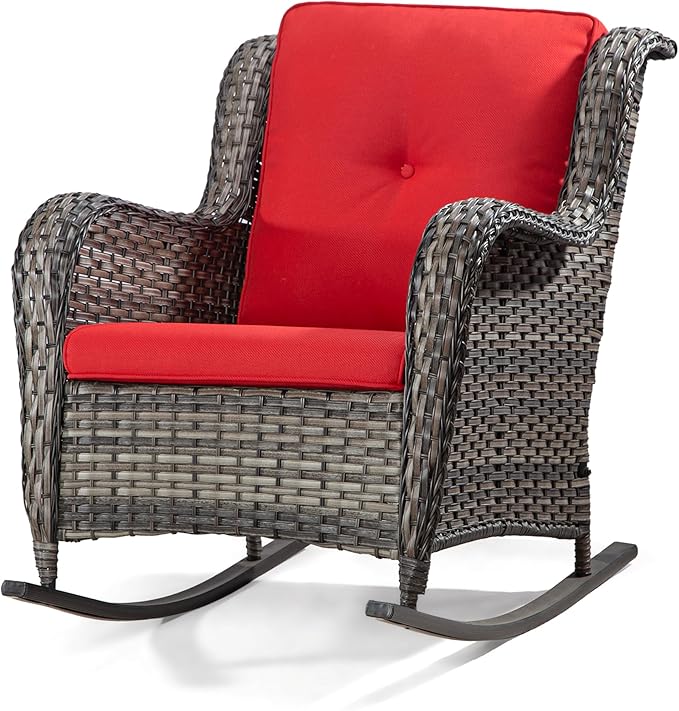 Outdoor Wicker Patio Rocking Chair - All-Weather Lawn Rocking Wicker Furniture with Alloy Steel Frame & Premium Fabric Cushion, Red