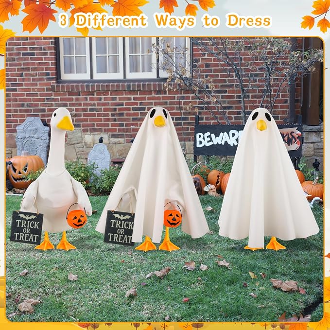 Halloween Goose Outfit Ghost Porch Goose Costume for Outdoor Decor | for 23'' Plastic/Cement Statues, Yard Statue Clothes Silly Lawn Goose Costume Patio Lawn Decor