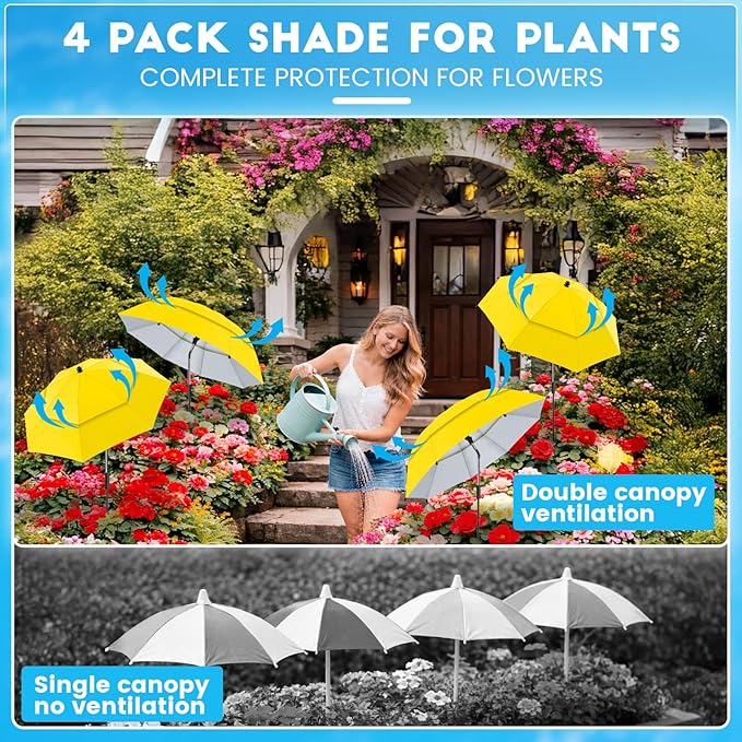 4 Pack 24.9" Double Canopy 47.2" Height Plant Umbrellas for Outdoor Plants, 3D Stakes 360° Adjustable Plant Shades for Outdoor Plants, Garden