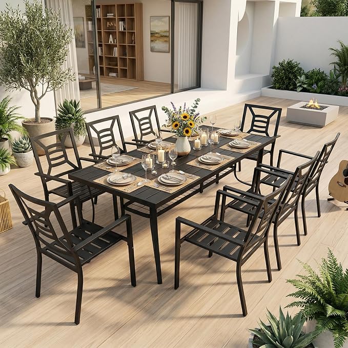Outdoor Patio Dining Sets 9 Pieces, Large 77" Rectangular Metal Dining Table with Umbrella Hole & 8 Stackable Chairs, Weather Resistant Garden Furniture Set for Backyard, Deck, Porch