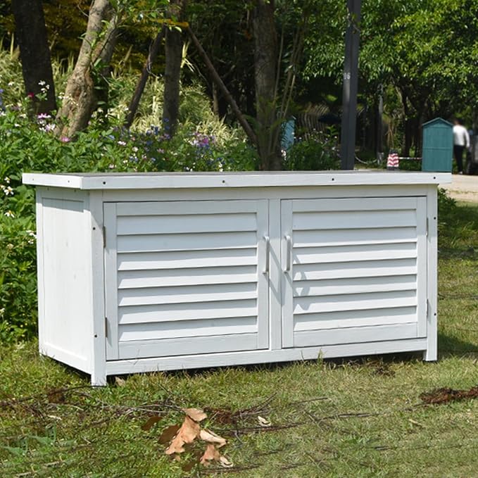Double Door Outdoor Deck Boxes, Solid Wood+Metal Patio Storage Box, Garden Box with Plastic Foot for Balcony, Patio