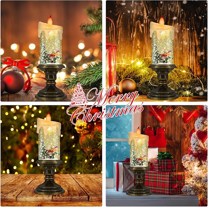 AOMIL Christmas Flameless Candles, Flickering LED Candles with Timer, Snow Globe Candle Lights for Christmas Decorations
