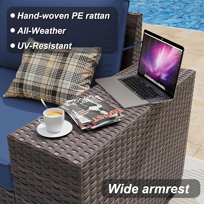 ALAULM 7 Pieces Patio Furniture Set with Fire Pit Table 55000BTU, Oversized Seat/Armrest and High Back Wicker Conversation Set with Thick Cushion for Backyard, Garden, Navy Blue