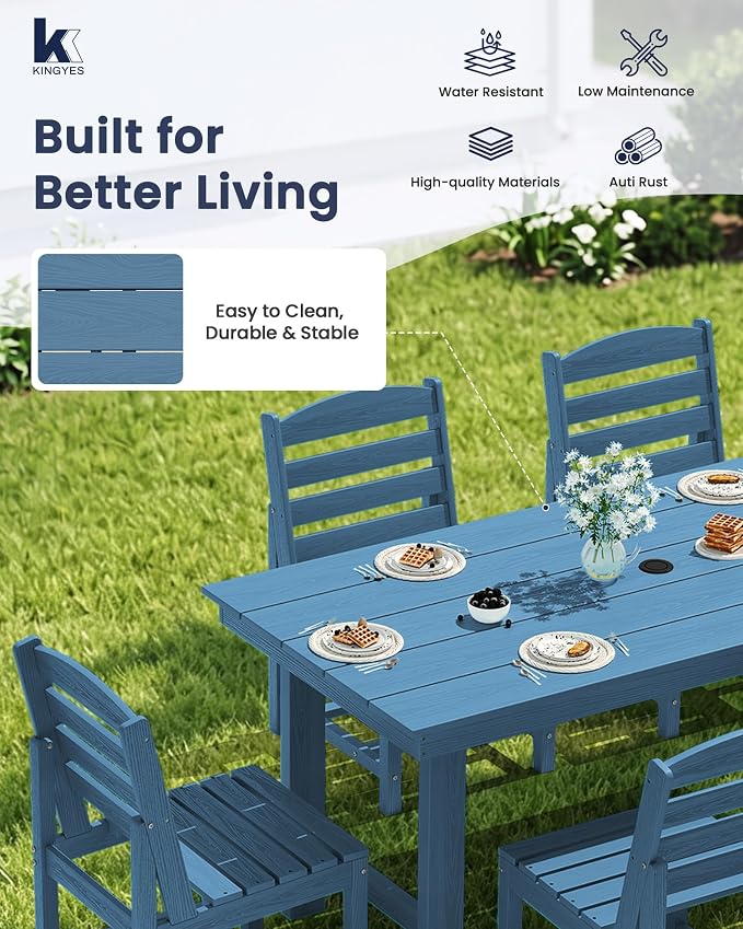 KINGYES 7-Piece Patio Dining Set, HDPE Table and Armless Chairs Outdoor Furniture Set with Umbrella Hole, Blue