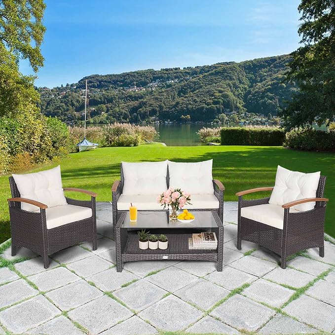 Tangkula 4 Piece Patio Rattan Conversation Set, Outdoor Wicker Sofa Set W/2-Layer Coffee Table, Backrest & Seat Cushions, Acacia Wood Curved Armrests, Suitable for Poolside, Backyard, Deck (1, White)