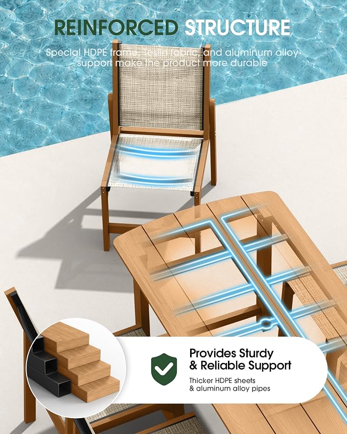 SUUNYN Patio Stackable Chairs Set of 2, HDPE Armless Outdoor Dining Chairs with Wide Seat, All-Weather Textilene Oversized Porch Chair for Garden, Poolside, Backyard, Deck | Teak