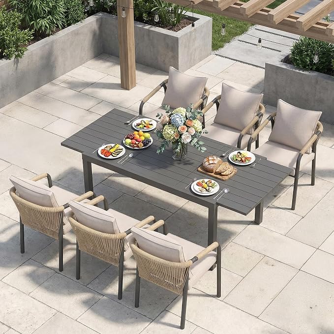 SUNSITT 7 Piece Outdoor Patio Dining Set, 59" - 83" Aluminum Expandable Outdoor Dining Table and 6 Woven Wicker Patio Chairs w/Curved Backrest for Garden, Dark Grey
