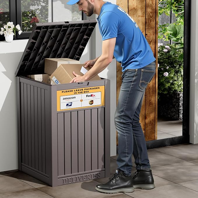 NUNU LAB Package Delivery Box for Outside, 48 Gallon Storage Deck Box with Lockable Secure, Waterproof Large Resin Drop Boxes for Porch