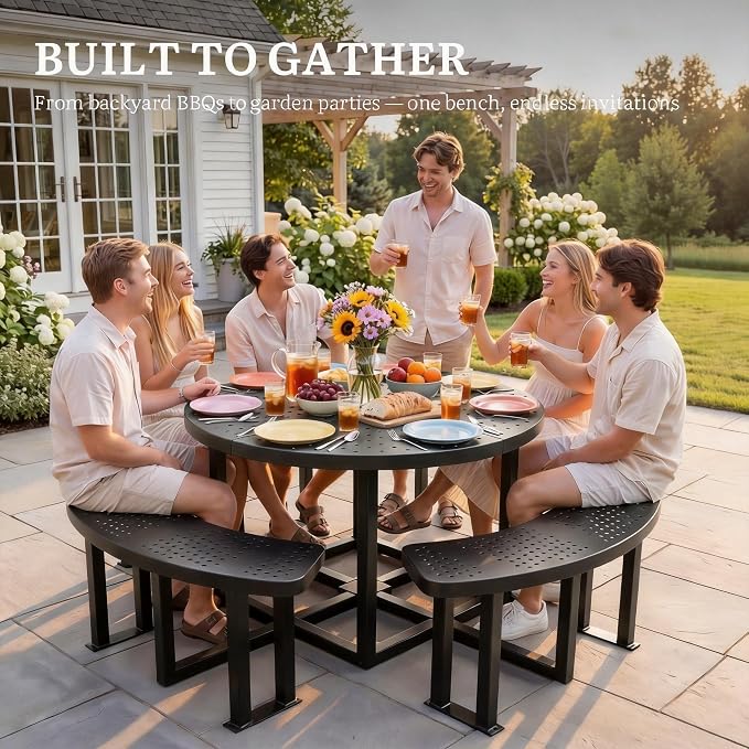 DWVO 38" Round Metal Picnic Table with Umbrella Hole - Heavy Duty Q235 Carbon Steel Outdoor Table Set for Patio, Backyard, and Lawn - Industrial Steel Construction