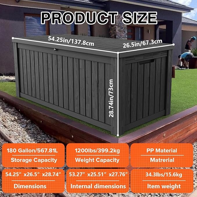 Outdoor Storage Box Waterproof Large, 180 Gallon Lockable Resin Deck Box, Patio Storage Bin for Pool Accessories Cushion Furniture, Garden Tools, UV-Resistant Outside