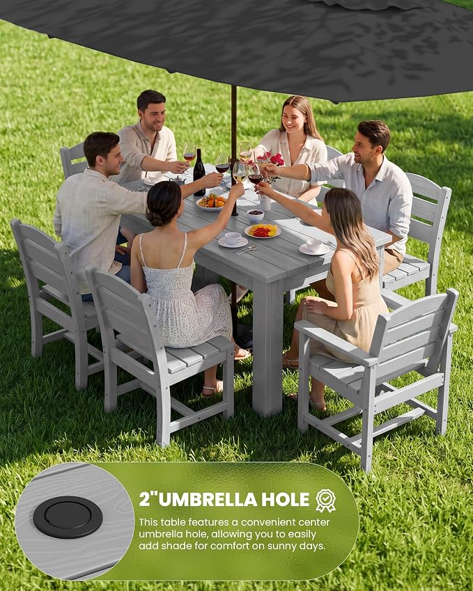 SERWALL 59" Outdoor Dining Set for 6, Light Gray | Include 1 Rectangular Dining Table and 6 Armless Chairs, All Weather Dining Sets for Garden, Backyard