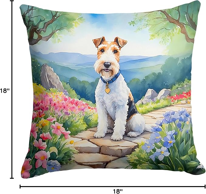 Caroline's Treasures Fox Terrier Spring Path Throw Pillow Machine Washable, Indoor Outdoor Decorative Pillow for Couch, Bed or Patio, 18Hx18W