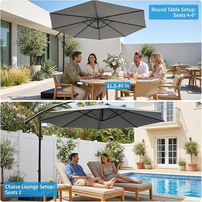 10ft Cantilever Offset Patio Umbrella with Base, Large Outdoor Patio Umbrella, 360° Rotation & Easy Tilt Adjustment, UV Protection Waterproof Patio Umbrellas for Backyard, Garden, Patio, Deck, Pool