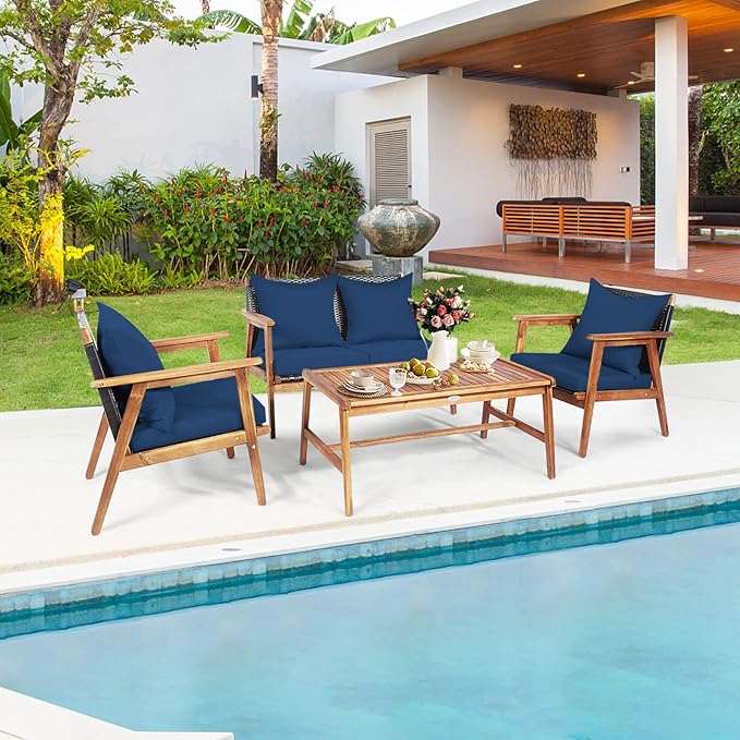 HAPPYGRILL 4 Pieces Outdoor Rattan Sofa Set Acacia Wood Frame Conversation Set with Coffee Table, Sectional Furniture Set with Cushions for Backyard Porch Garden Poolside Balcony