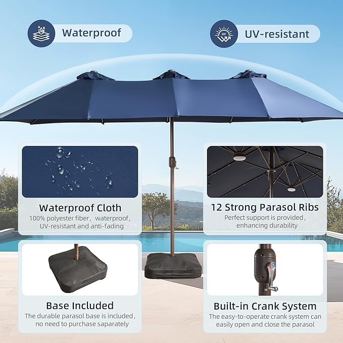 15ft Patio Umbrella with Base Included, Rectangle Double Patio Umbrellas with Crank Handle 12 Ribs, Heavy Duty Large Table Umbrella for Pool Deck Garden Party Commercial