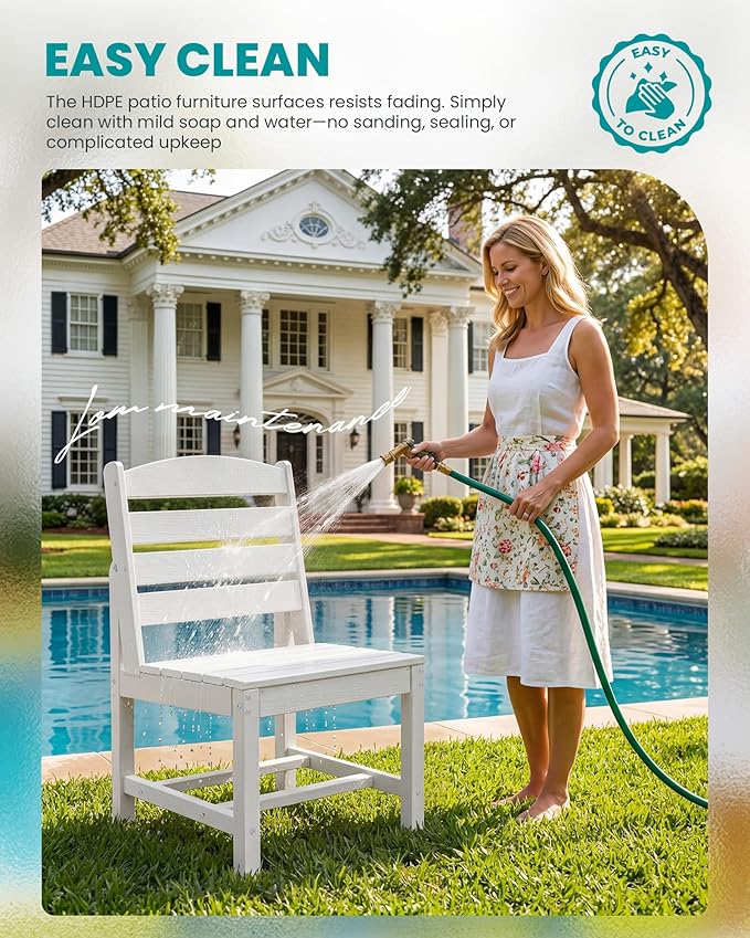 SERWALL Armless Outdoor Dining Chair Set of 2, All Weather Resistant, White | Armless Dining Chairs built to last with 330 lb capacity. Compact 24.6"Dx19.3"Wx33.6"H. Weatherproof & easy to clean.