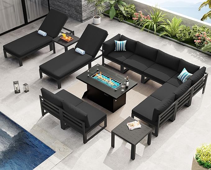 NICESOUL 13 Piece Large Modern Aluminum Outdoor Patio Furniture Set with Lounge & Fire Pit Table, 29" Wide Deep Seating, Fade Resistant Sectional Sofa, 500 lbs Heavy Duty Deck Conversation Set, Black
