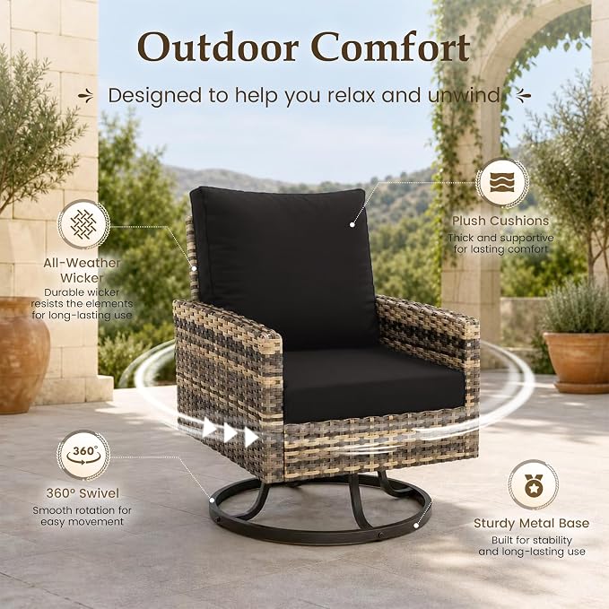 UDPATIO Patio Furniture Set, 6 Pieces Outdoor Conversation Sets with Swivel Chairs, All-Weather Wicker Rattan Patio Sofa with Ottomans and Glass Side Table for Backyard, Deck, Porch, Black/Yellow