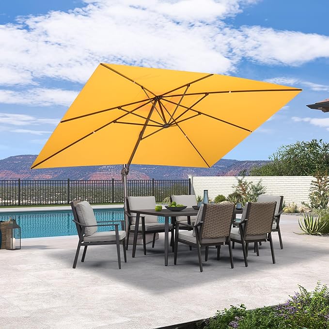 PURPLE LEAF 10' X 13' Patio Cantilever Umbrella Rectangle Umbrella Outdoor with Aluminum Offset Antique Bronze Hanging and 360° Rotation for Pool Garden Deck Patio, Yellow