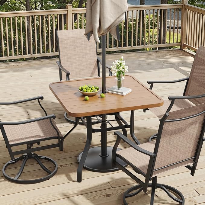 Soohow Outdoor Patio Dining Table with 1.57" Umbrella Hole, 35"x35" Wood-Like Texture, All-Weather Metal Frame for Poolside, Deck, Porch