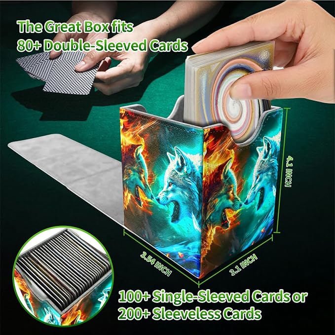 Deck Box for MTG, Cards Storage Box Fits 120+ Sleeved, Leather Medium Size Strong Magnetic Closing Card Case for Board Games Magic TCG CCG Baseball Collection, Two Flaming Wolves