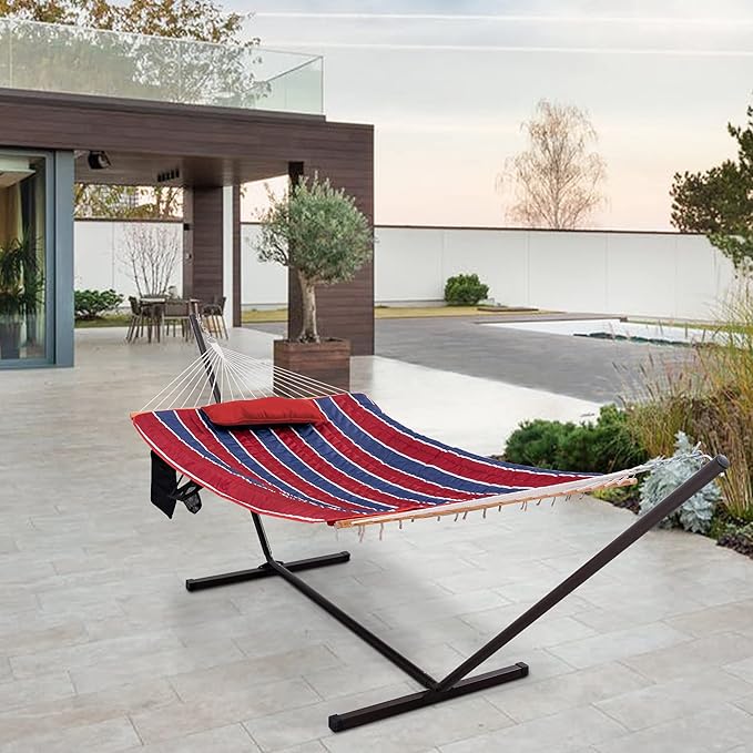 Lazy Daze Hammocks Double Hammock with 12 ft Steel Stand, 2 Person Cotton Rope Hammock with Quilted Pad, Spreader Bars, Detachable Pillow, Mag Bag & Cup Holder, Red&Navy Stripe