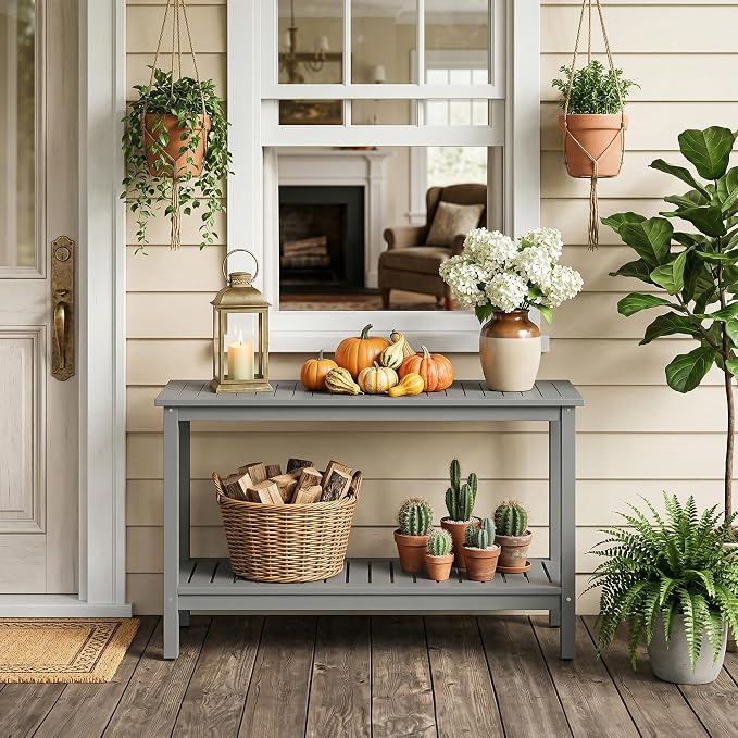 SUPER DEAL 48 inch Outdoor Console Table, 2-Tier Solid Wood Side Table Multifunctional Buffet Bar Storage Organizer with Adjustable Feet for All-Weather Indoor Outdoor Porch, Grey
