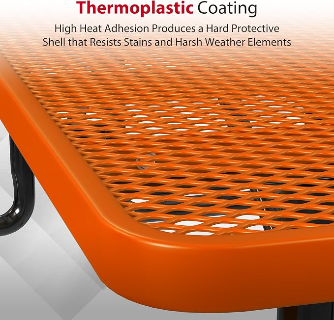 Leisure Craft Metal Picnic Table with Bench - 8 ft Rectangle Outdoor Dining Table for 8, Umbrella Hole, Weatherproof Heavy Duty Thermoplastic Coating, Commercial Grade Furniture Made in USA - Orange