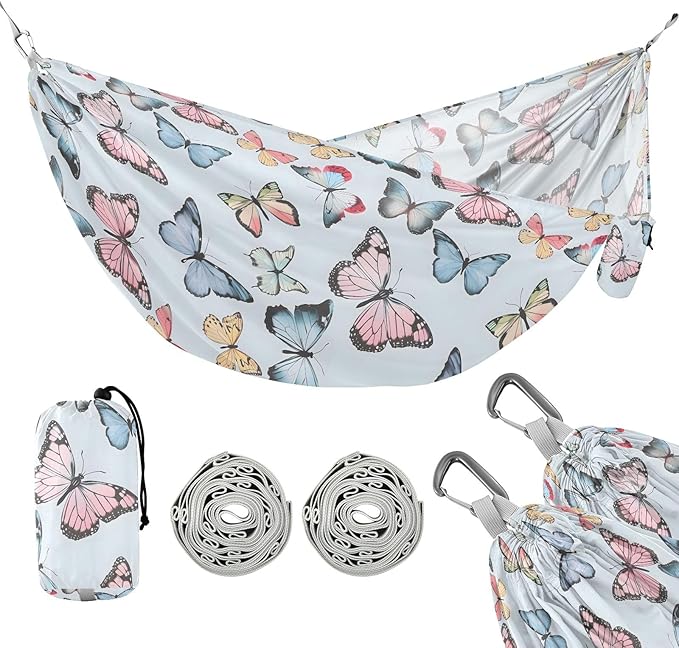 Camping Hammock Outdoor Hammocks for Outside Butterfly Pastel Blue Beach Trees Portable Lightweight with Pockets Tree Straps Indoor