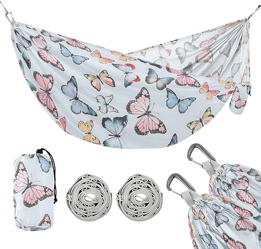 Camping Hammock Outdoor Hammocks for Outside Butterfly Pastel Blue Beach Trees Portable Lightweight with Pockets Tree Straps Indoor