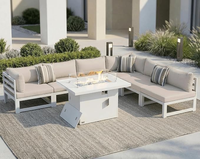 NICESOUL 6 People Large Luxury Aluminum Patio Conversation Set with Fire Pit Table Propane/Gas, 29" Deep Wide U Shaped Sectional Couch, 500 lbs Heavy Duty All Weather Outdoor Sofa for Backyard, Beige
