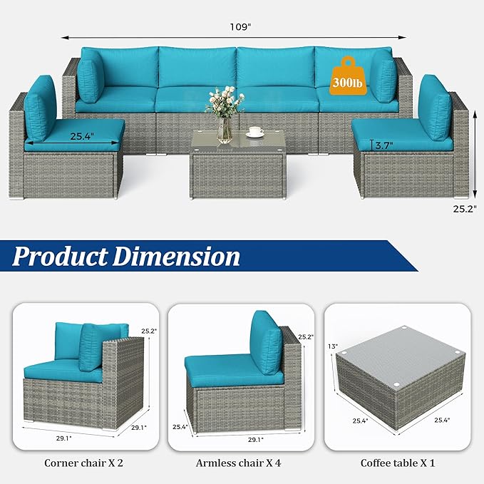 RoyalCraft 7-Piece Modular Patio Furniture Set, Wicker Outdoor Sectional Sofa with Cushions and Coffee Table, All Weather Patio Conversation Sets for Porch Balcony Backyard, Light Blue