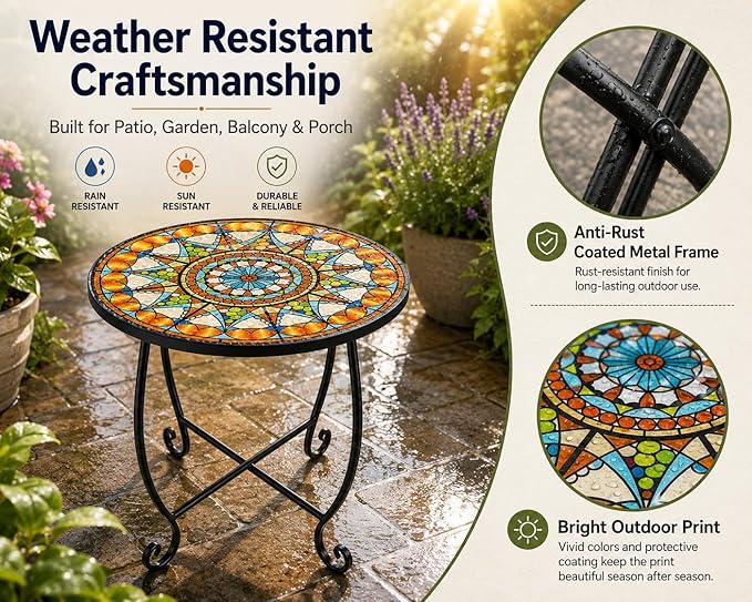 Mosaic Outdoor Side Table Round, 15 Inch Height - Small Patio Table, Foldable Sun Pattern Metal Plant Stand for Garden, Balcony, Porch & Camping