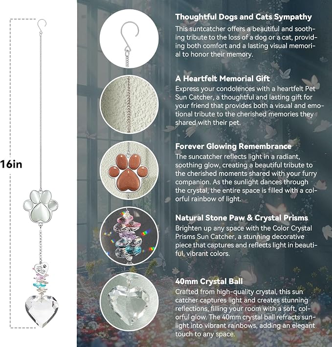 Pet Memorial Suncatcher - Dog Memorial Gifts, Pet Loss Sympathy, Thoughtful Dogs and Cats Condolence Bereavement Remembrance Gifts, Chrysoberyl Cat's Eye Stone Paw Crystal Suncatcher
