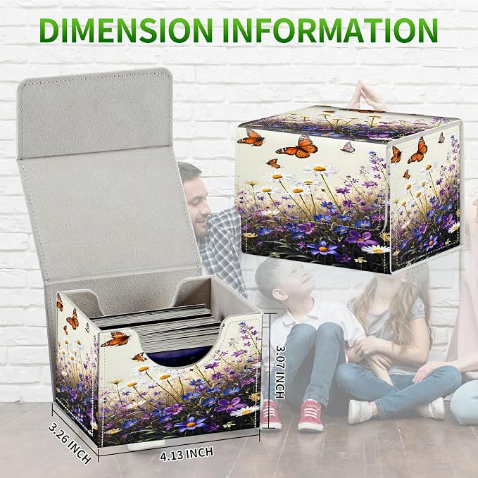 Card Deck Box for MTG, Cards Storage Box Fits 120+ Sleeved, Leather Small Size Strong Magnetic Closing Card Case for Board Games Magic TCG CCG Baseball Collection, Purple Flower Butterfly