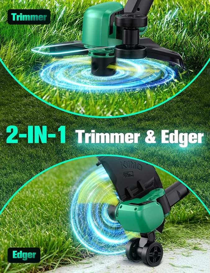 KIMO 20V Weed Wacker and Blower Combo w/2 x 2.0Ah Battery & Charger, Brushless Motor, 20000RPM 12" String Trimmer & Edger w/ 10PCS Cutting Lines, 260CFM/190MPH Cordless Leaf Blower w/Vacuum, 3 Nozzles