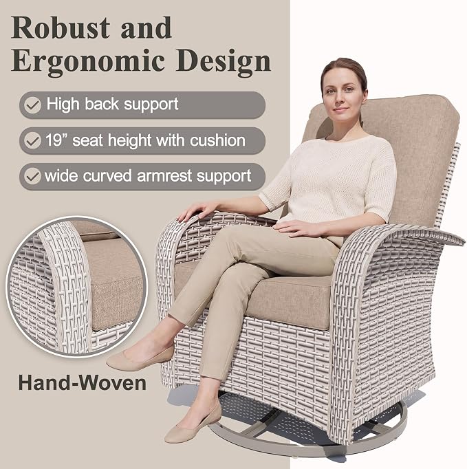 Patio Wicker Chairs Swivel Rocker, Outdoor Swivel Glider Rocker Chairs with Rattan Side Table, All Weather Conversation Set for Porch Poolside Balcony,Beige