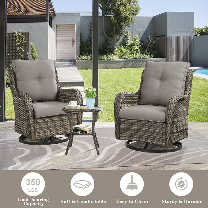 Belord 5 Piece Wicker Patio Furniture Set, Outdoor Swivel Rocker Chairs Set of 2 with Ottomans and Side Table, All Weather Patio Conversation Furniture Set, for Porch Pool, Gray Wicker/Gray