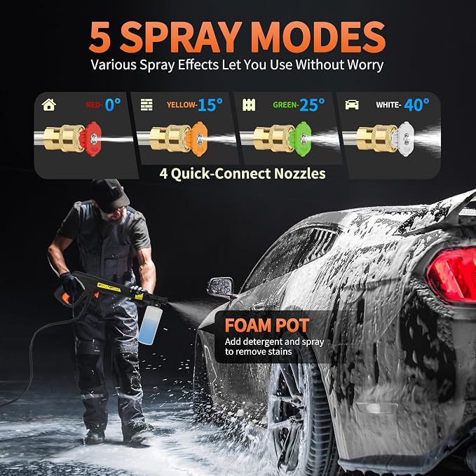 𝟓𝟎𝟎𝟎𝐏𝐒𝐈 𝐏𝐫𝐞𝐬𝐬𝐮𝐫𝐞 𝐖𝐚𝐬𝐡𝐞𝐫 Cleaner, Portable Car Washer with 4 Quick Connect Nozzles, Foam Cannon for Car Driveway Patio Fence (Orange)