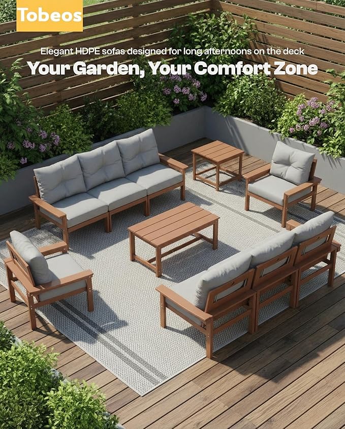 HDPE 3 Piece Patio Furniture Set, All-Weather Outdoor Couch Bistro Set with Thick Cushions & Side Table, Patio Conversation Sets for Lawn, Garden, Porch, Balcony, Deck, Poolside, Teak