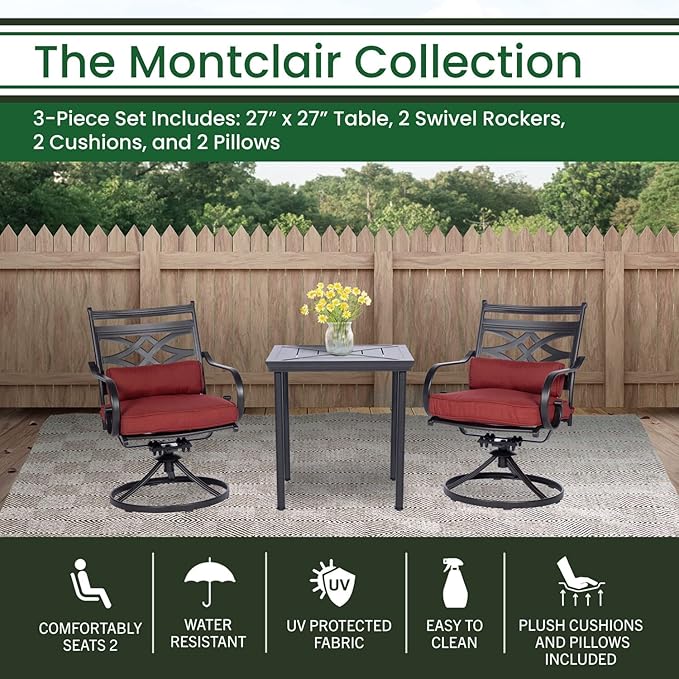 Hanover Montclair 3-Piece Patio Conversation Set, 2 Swivel Rocker Chairs with Comfortable Seat and Lumbar Cushions, 27" Square Stamped Rectangle Table, All-Weather Outdoor Bistro Set