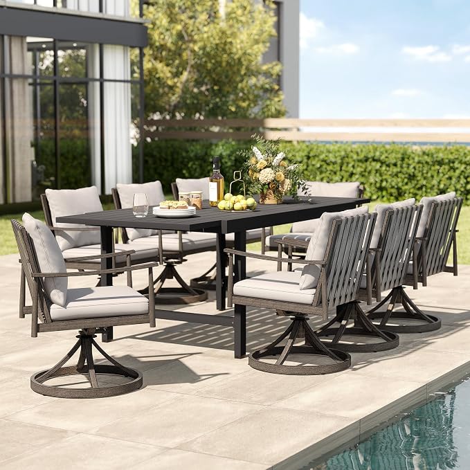 HAPPATIO 9-Piece Aluminum Patio Dining Set,Aluminum Outdoor Dining Set with Cushions,8 Swivel Chairs with Expandable Table with Umbrella Hole for Lawn, Garden, Backyard