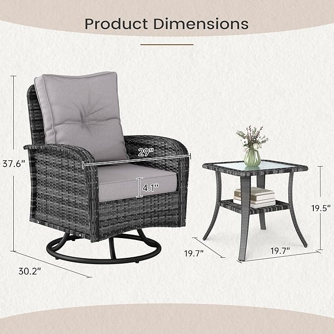 Kromax Outdoor Patio Furniture Set, All-Weather Wicker Swivel Glider Chairs Set of 2 with Coffee Table Table & Thick Machine Washable Cushions for Backyard, Garden, Porch, Grey/Grey