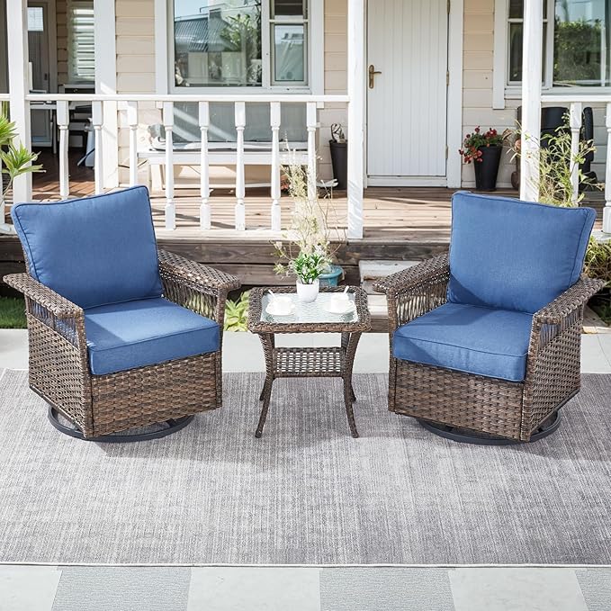 Patio Furniture Set 2 Wicker Swivel Glider Chairs with PE Rattan Side Table Set Brown Wicker Blue Cushions Patio Conversation Set 3pcs for Garden Balcony Sunroom Backyard Poolside